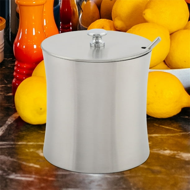 Azucarero de acero inoxidable para tarro de condimento, bote de condimento para sal y pimienta con cuchara de tapa, tarro de condimento seguro y resistente de 400 ml con fondo
