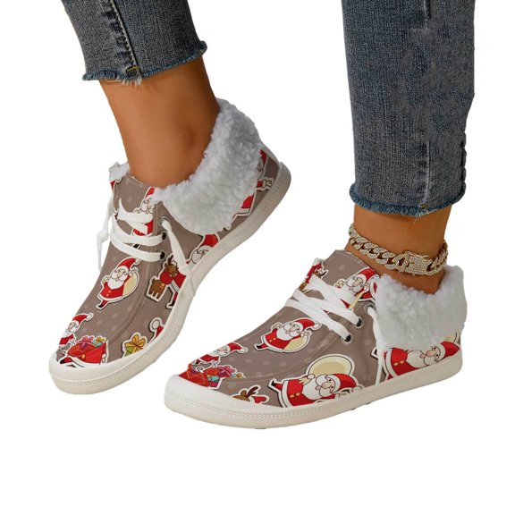 EKVAHL Christmas Lace Up Shoes For Women, Santa Themed Tennis Shoes, Faux Fleece Lined Flat Casual Walking Shoes Brown
