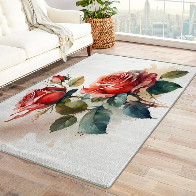 Red Roses Rug 6x9 Area Rugs for Bedroom Living Room, Floral Area Rug, Flower Carpet Machine Washable Non-Slip Large Rug, Soft Low Pile Area Rug, Indoor Decorative Rug la&169