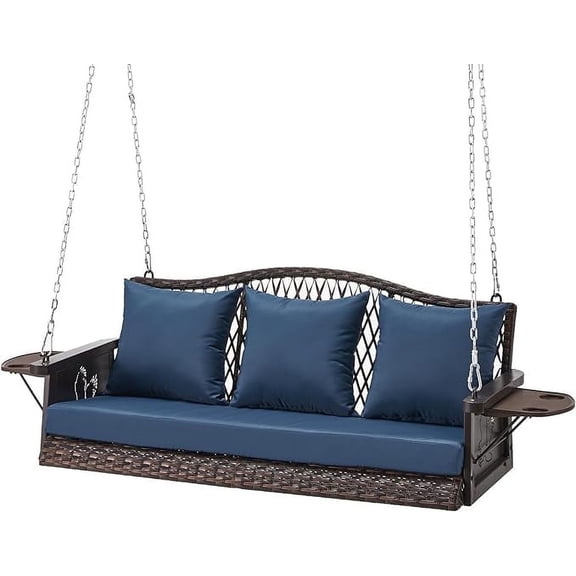 3 Seat Wicker Hanging Porch Swing, 8.9 ft. Hanging Chain Outdoor Hanging Swing with Blue Cushions for Patios & Gardens & Backyards