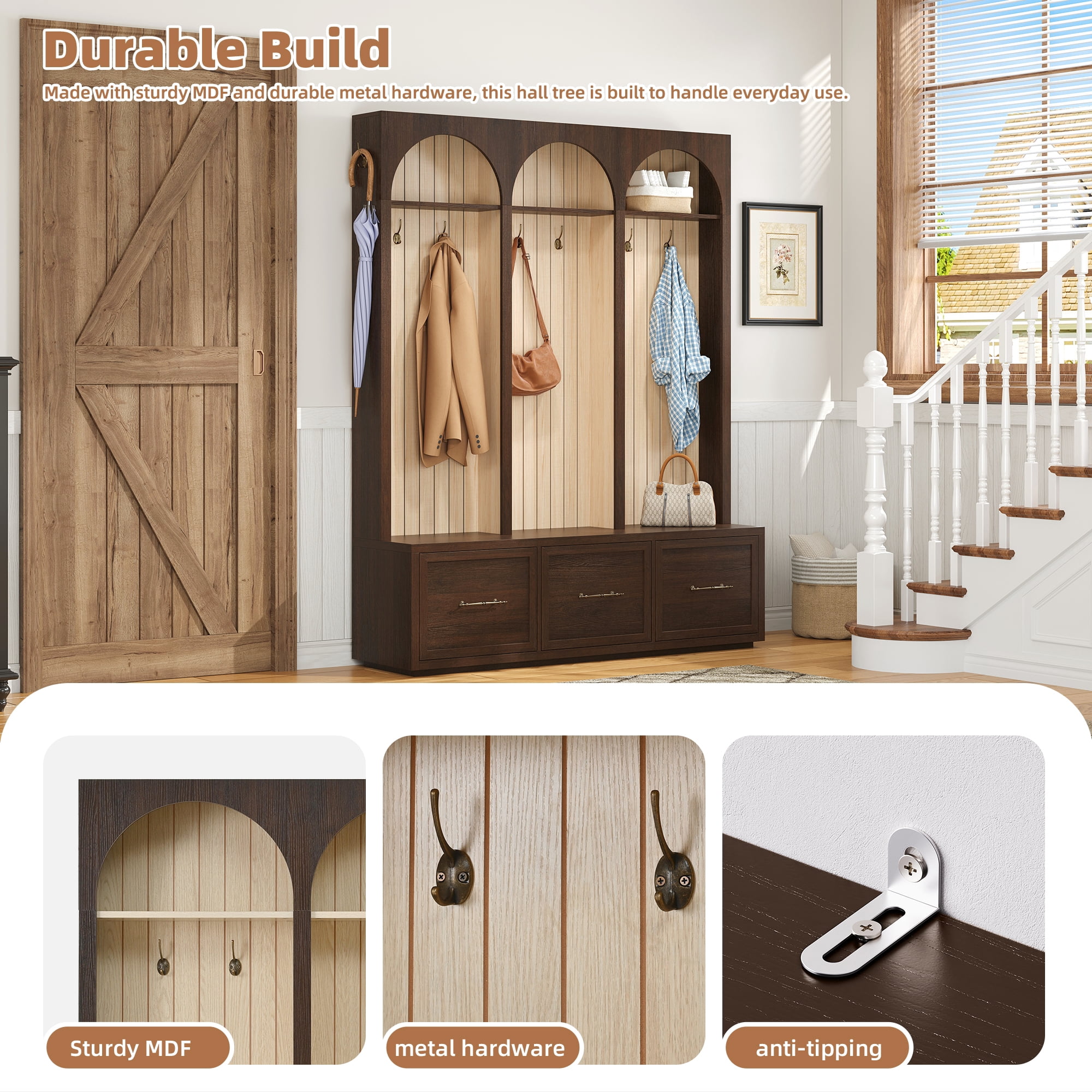 Euroco Farmhouse Wooden Style Hall Tree with Arched Design, Elegant 59" Wide Entryway Bench with 8 Retro Hooks, Rustic Coat Rack & Shoe Organizer with 3 Drawers for Mudroom, Living Room, Dark Walnut