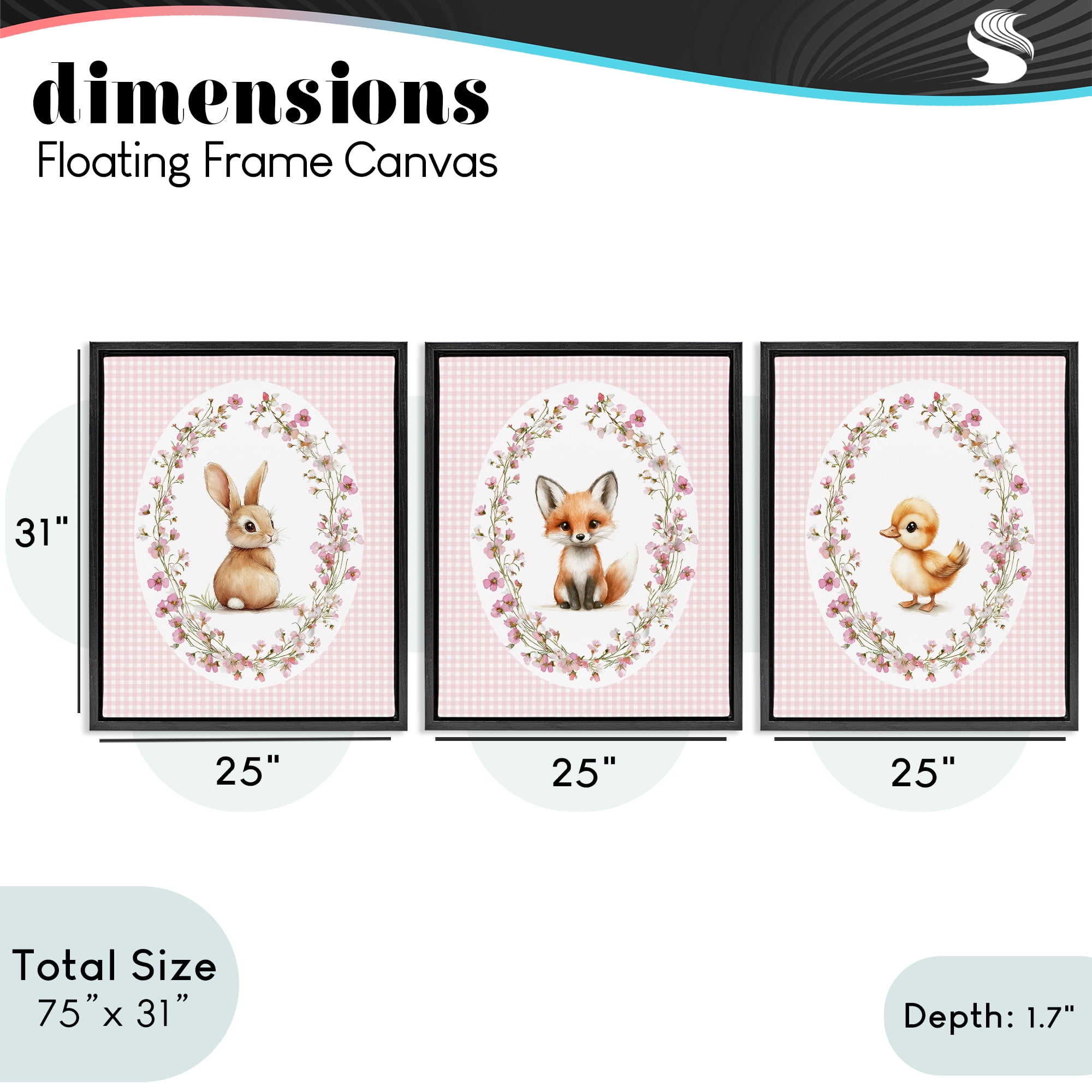 Stupell Industries Spring Gingham Animals 3 Piece Black Framed Floater Canvas Set, design by Christine Simpson Art