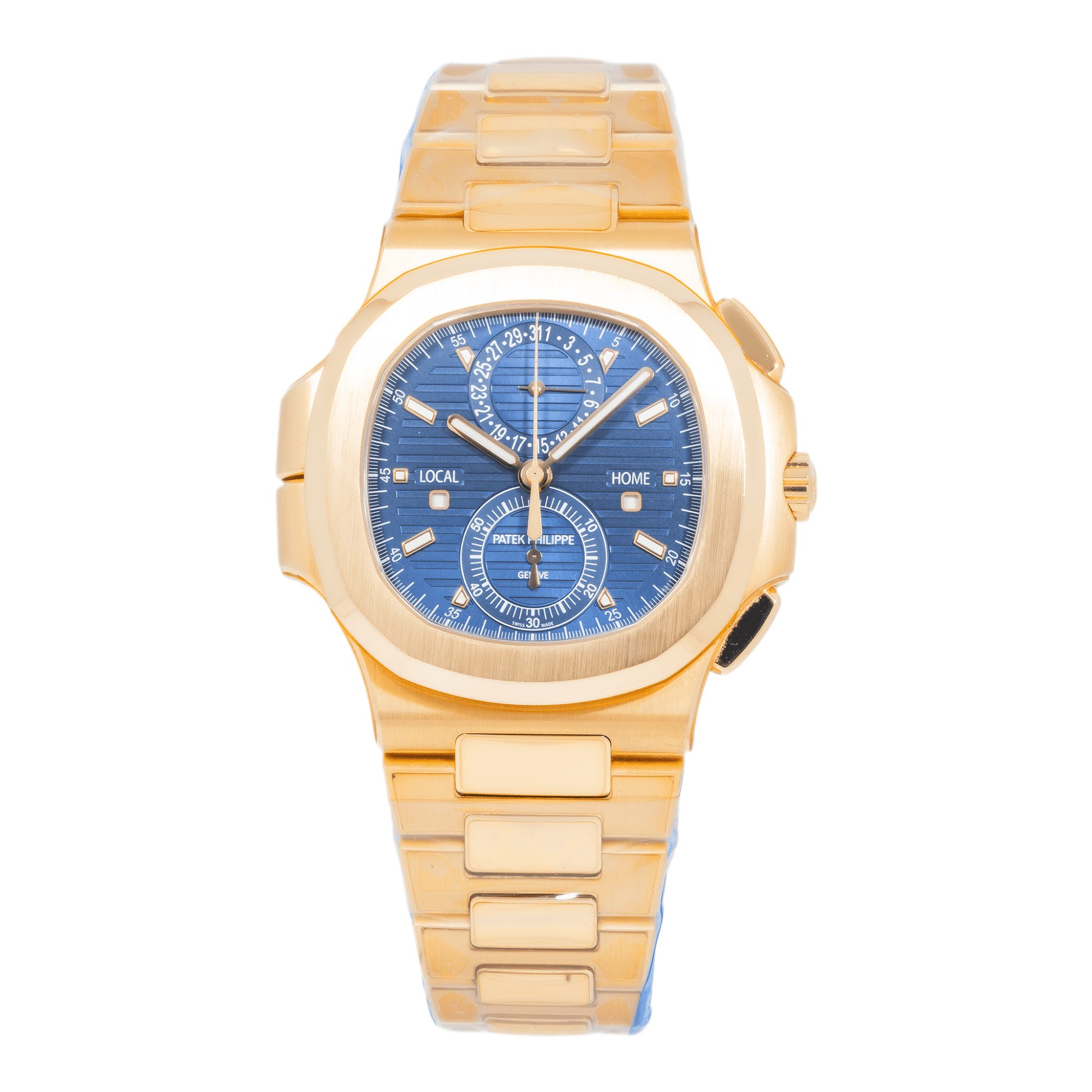 Pre-Owned Patek Philippe Nautilus 5990/1R-001 Travel Time Flyback Chronograph Rose Gold Blue Dial