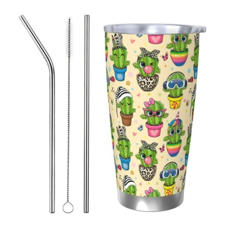 

Zeuib Cute Cartoon Cactus Printed 20oz Stainless Steel Insulated Car Cup Stainless Steel Thermal Cup Vacuum Insulated Leak-proof Travel Mug Cup-Straw Three-piece Set