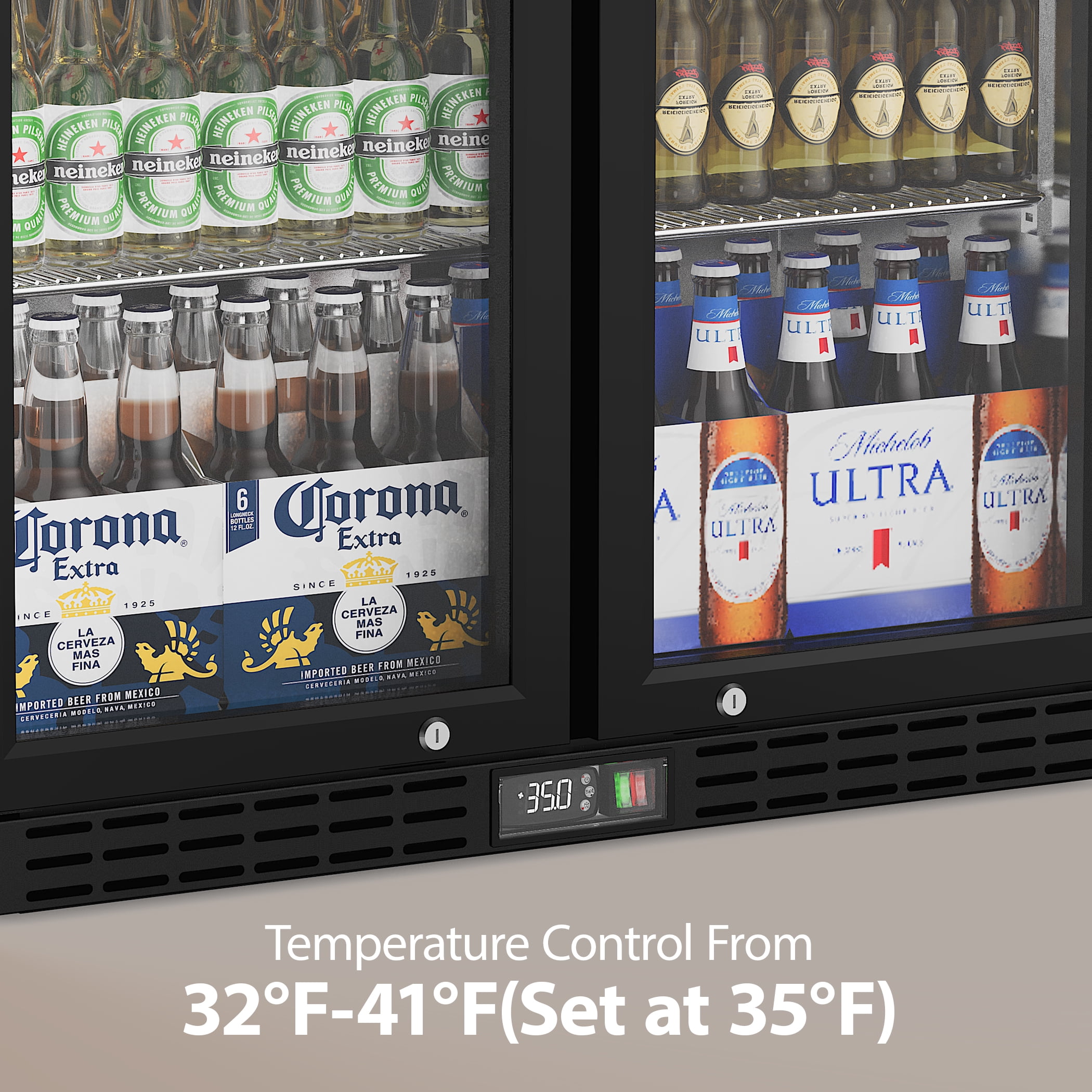 Coolake 36in 7.4 cu.ft Commercial Back Bar Cooler with 2 Glass Doors, Under Counter Beverage Refrigerator for Restaurant