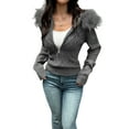 thumbnail image 2 of Women'S Zip Up Cardigan Sweater Cable Faux Fur Hoodies Long Sleeve Jacket Knit Outfits Y2K Grey S, 2 of 9