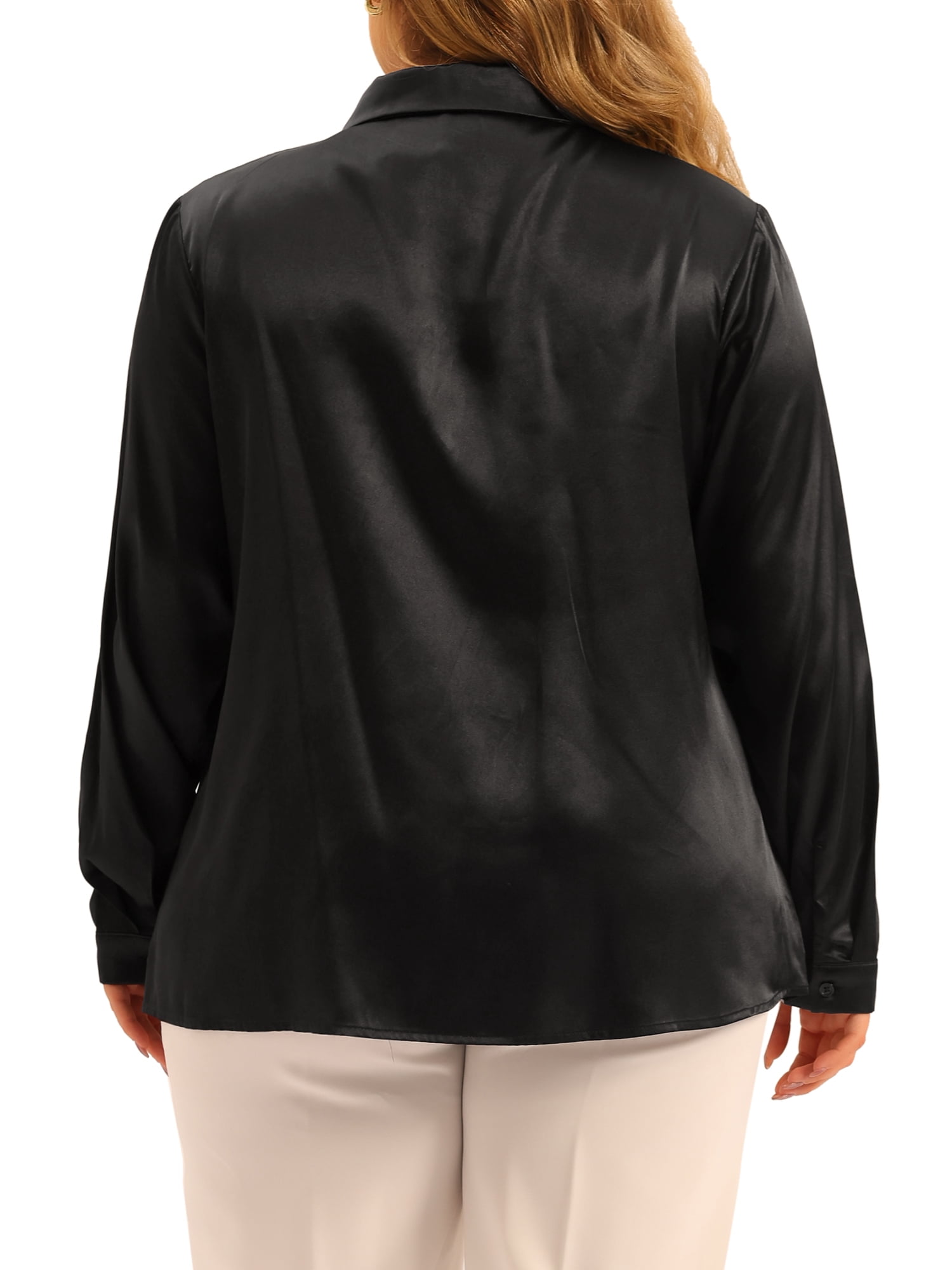 Unique Bargains Women's Plus Size Shirt Work Tops Collar Button Down Shirt Satin Top Black 4X