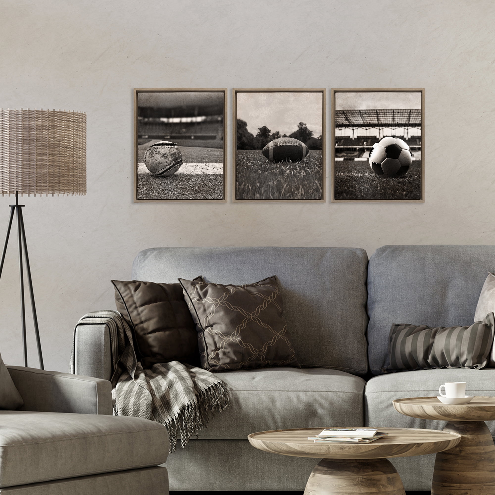Stupell Industries Vintage Sports on Field 3 Piece Brown Framed Floater Canvas Set, design by Marcus Prime