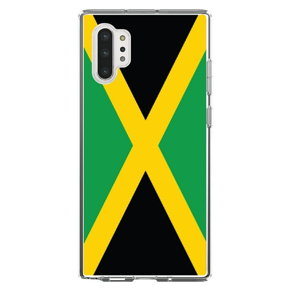 DistinctInk Clear Shockproof Hybrid Case for Galaxy Note 10 PLUS (6.8" Screen) - TPU Bumper, Acrylic Back, Tempered Glass Screen Protector - Jamaica Flag Black Green Yellow - Jamaica