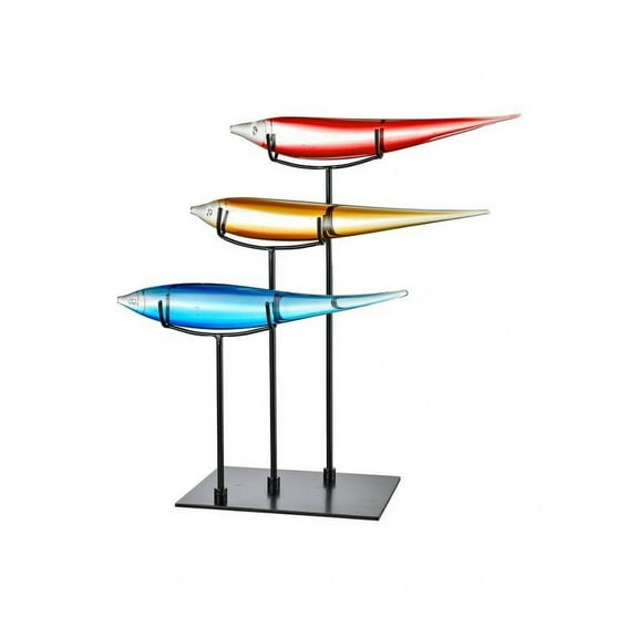3 Multicolor Fish Glass Sculpture/Figurine in Ebony Black Finish