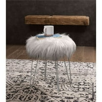 BirdRock Home Round Faux Fur Foot Stool Ottoman - Grey with Silver Legs - Soft Compact Padded Vanity Seat - Bedroom Kids Room Chair - Hair Pin Metal Legs - Fluffy Makeup Seat