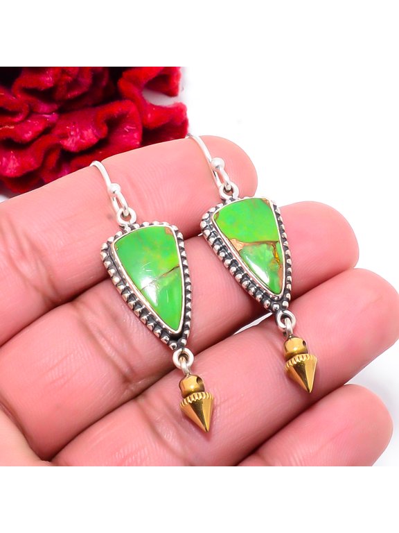 Copper Green Turquoise 925 Sterling Silver Two Tone Arrow Head Earring 2.03" S31, Handmade Jewelry, Dangle Earring