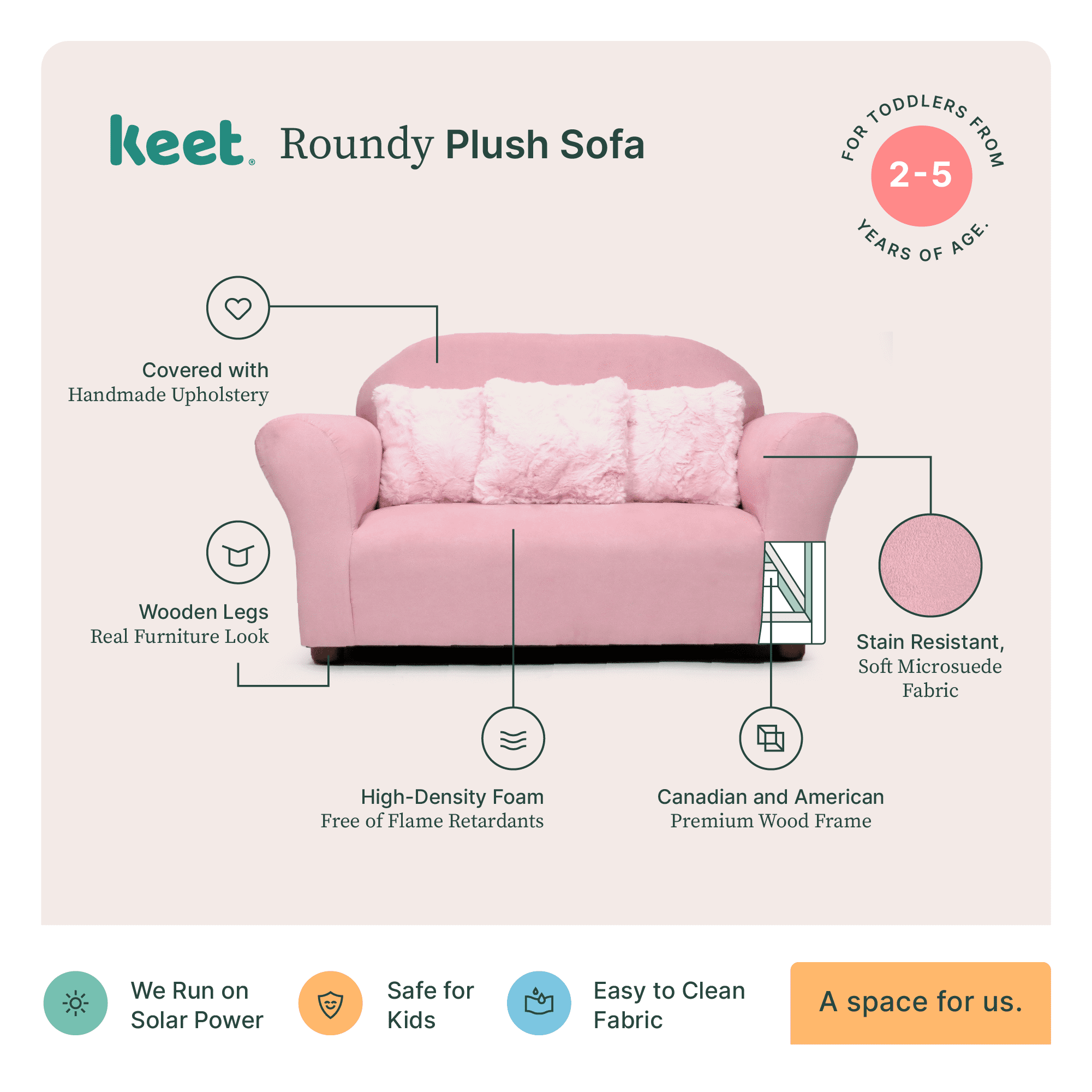 Keet Plush Kids Sofa with Accent Pillows - Pink