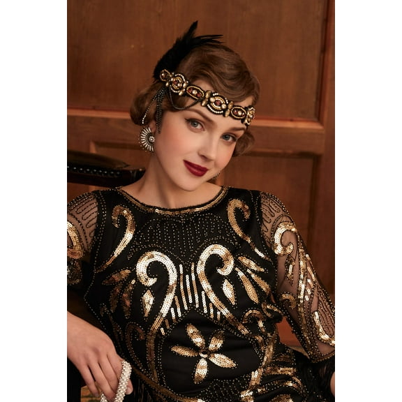 BABEYOND 1920s Flapper Headband Roaring 20s Gatsby Headpiece Black Feather Headband 1920s Flapper Hair Accessories (Golden)