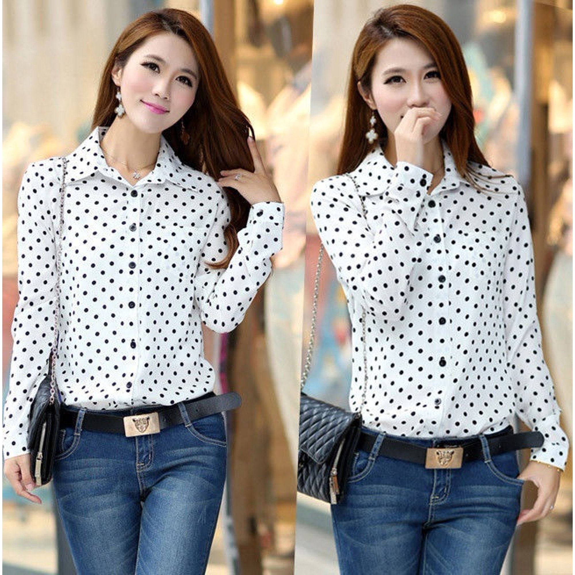 S-XXL White Navy Women Shirt Polka Dots Chiffon Vintage Blouse