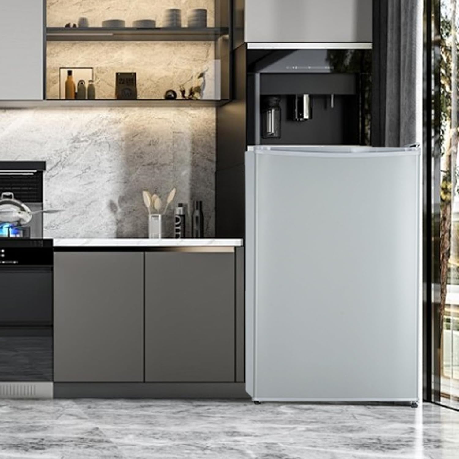 4.3 Cu.ft Mini Fridge with Freezer, Compact Refrigerator with 7-Level Temperature Control, Single Door Design, Removable Glass Shelves and Crisper Drawer for Bedroom, Dorm, Office, White