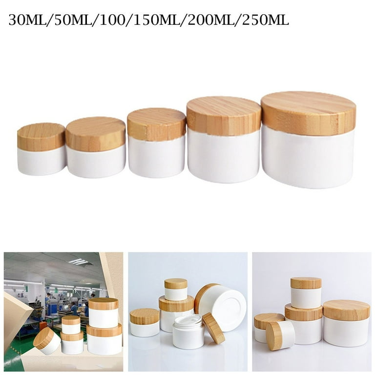 Yannee Plastic Cosmetic Containers with Bamboo Wooden Lids,White Empty  Cosmetic Jar Body Lotion Refillable Candy Frost,250ML