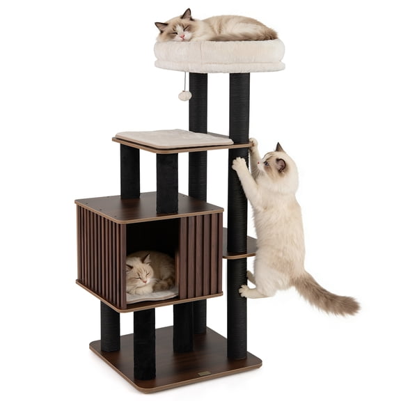 Gymax 53 5'' Tall Cat Tree for Indoor Cat Wooden Cat Tower Top Perch w/ Soft Padding