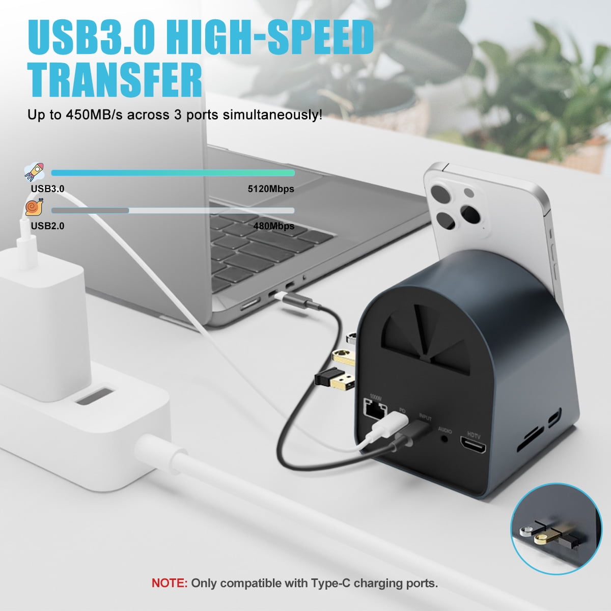 Performance Master 10-in-1 USB-C Multifunction Docking Station Wireless Charging USB3.0 Ports PD100W Fast Charging 4K HDMI SD/TF Card Reader Fit for Windows Mac  Android iPad