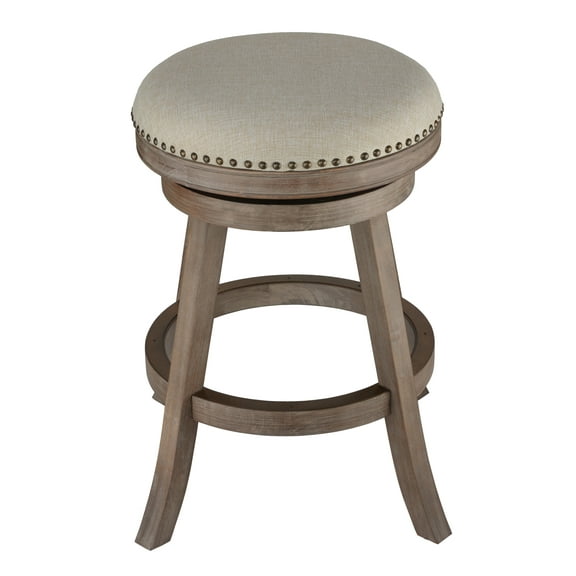 Cortesi Home Sadie Backless Swivel Counter Stool in Solid Wood & Beige Fabric, 25" Seat