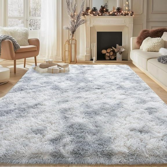 Large Shag Area Rugs 6x9, Tie-Dyed Fluffy Plush Rugs for Living Room, Soft Fuzzy Furry Rugs for Bedroom, Indoor Shggy Carpet for Nursery Kids Room Dorm Home Decor, Non-Slip, Light Grey