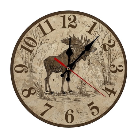 Moose Wilderness Round Wooden Wall Clock, Silent Non-Ticking Decor Clock for Home Multi Room Use