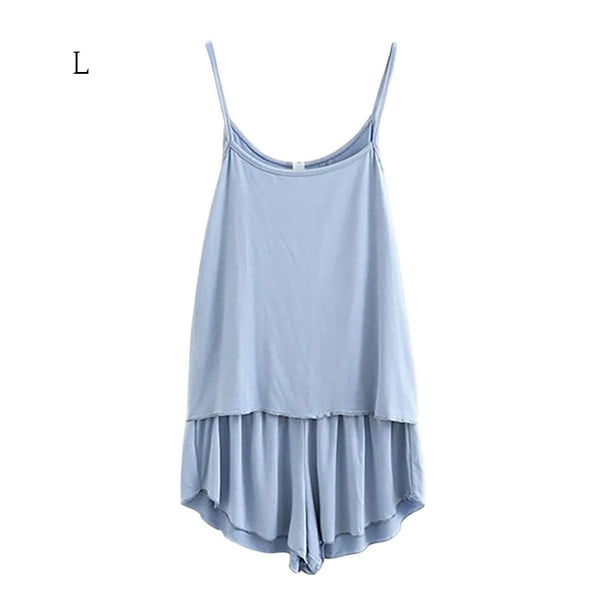 Conjunto de pijamas de 2 piezas para mujer, chaleco sexy, pantalones cortos, ropa de dormir, ropa de dormir, azul claro, L kenally AP001253-02