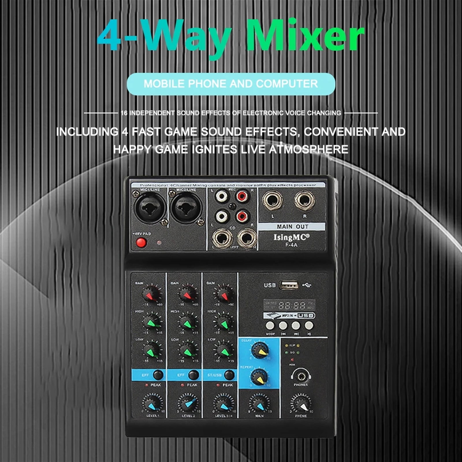 Sound Mixing Console USB Interface USB Aud-io Mixer Input F-4A Wireless 4-channel Phantom Power Monitor for Computer ,Easy to Operate