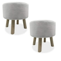 Ginni Footstool Ottoman Set of 2- White Polyester- Soft Seat- Wood Legs