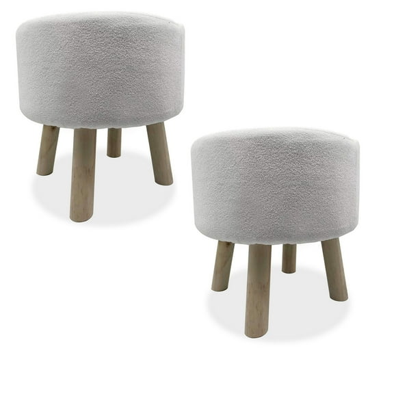 Ginni Footstool Ottoman Set of 2- White Polyester- Soft Seat- Wood Legs