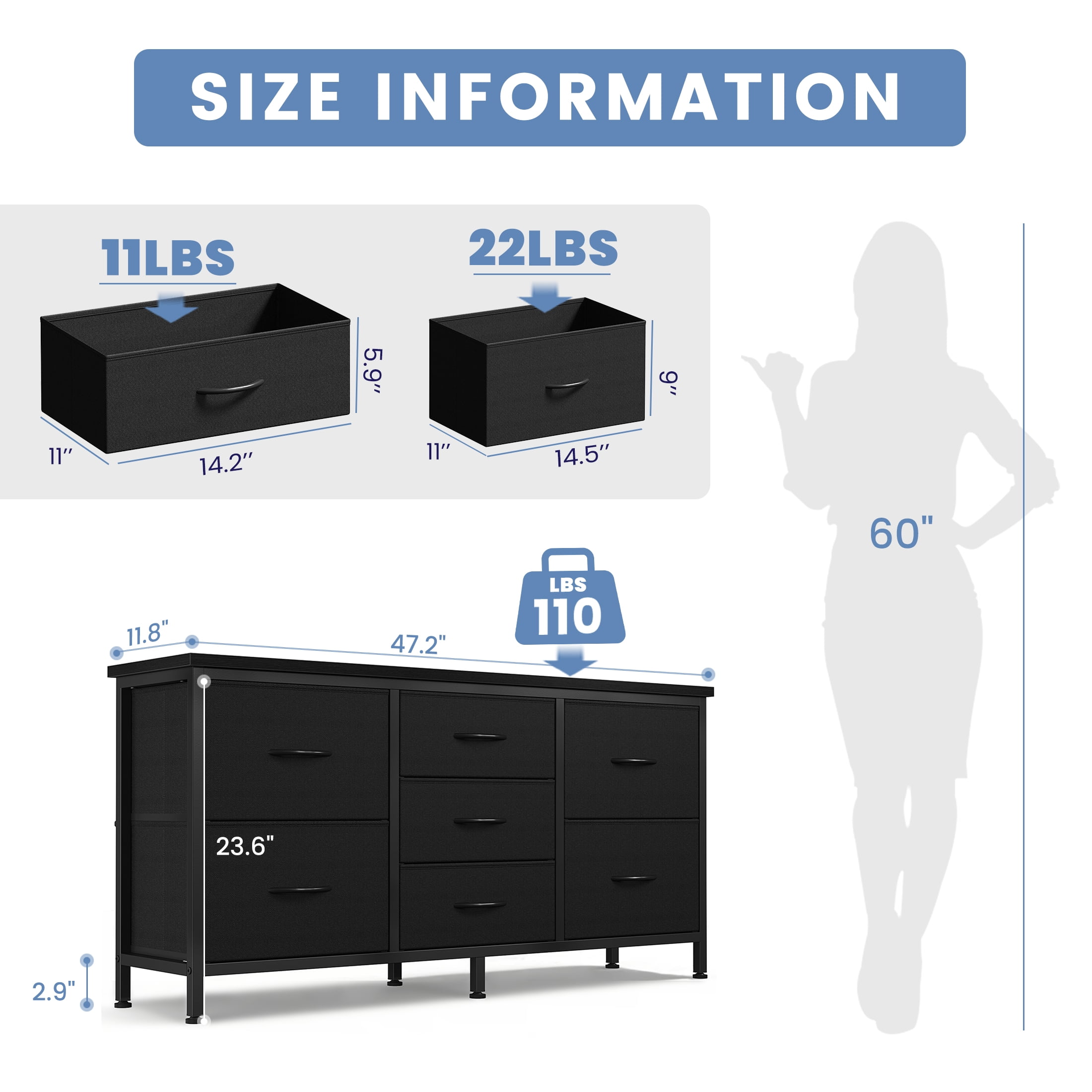 edx 7 Drawer Dresser for Bedroom, 47.2" Fabric Drawers with Wood Top Metal Frame, Wide Storage Organizer for Closet, Hallway & Living Room, Black