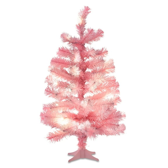 2 FT Mini Pre-Lit Pink Artificial Christmas Tree with 35 Warm White LED Lights and Stand, by Holiday Time