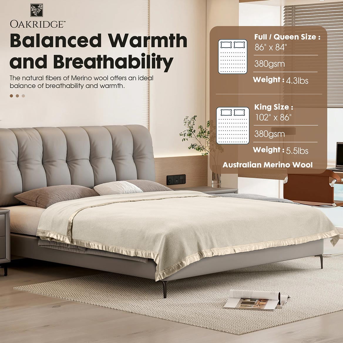 OakRidge Heirloom Merino Wool Blanket – 100% Australian Wool with Vintage Satin Edges – Breathable, Odor-Resistant, All-Season Bedding in King Size – Ivory Cozy Throw for Home or Travel