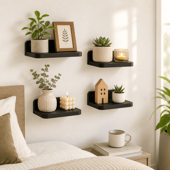 4-Pack Small Floating Shelves for Wall, 4 Inch Wood Display Ledge Set with 2 Installation Options, Solid Wood Mini Shelves for Home Decor