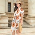 thumbnail image 4 of Red Flowers Women Swimsuit Cover up V Neck Beach Dress Short Sleeve Vacation Outfits Swimwear, 4 of 7