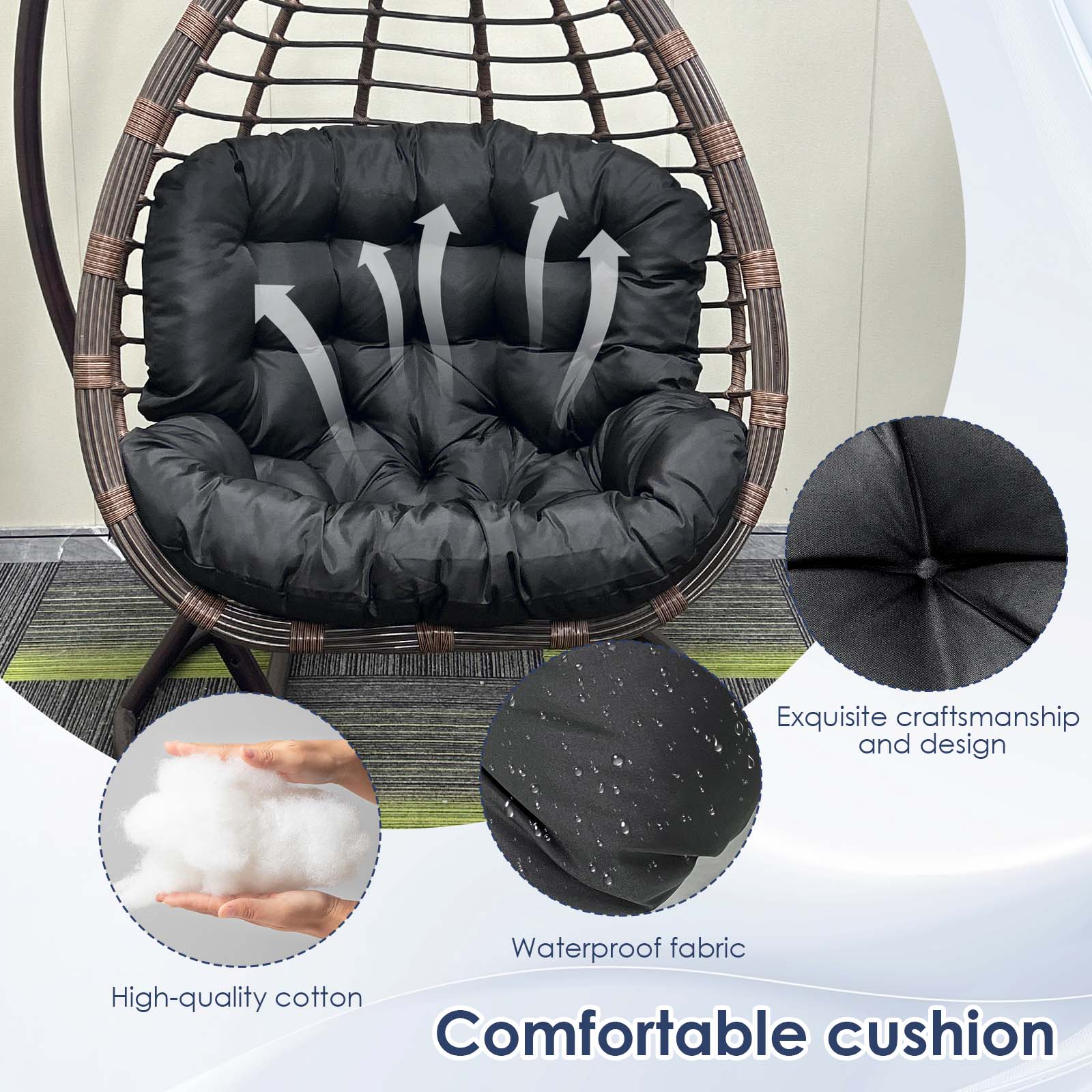 Eurhowing 4" Thick Egg Chair Cushion Replacement, Waterproof & Non-Slip Outdoor Patio Swing Chair Cushions, High-Density Soft Hanging Basket Seat Cushion, Black