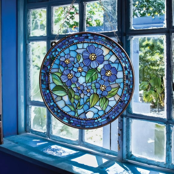 Personalized Forget-Me-Not Faux Stained Glass Suncatcher, Handmade Floral Window Hanging, Acrylic Nature-Inspired Ornament