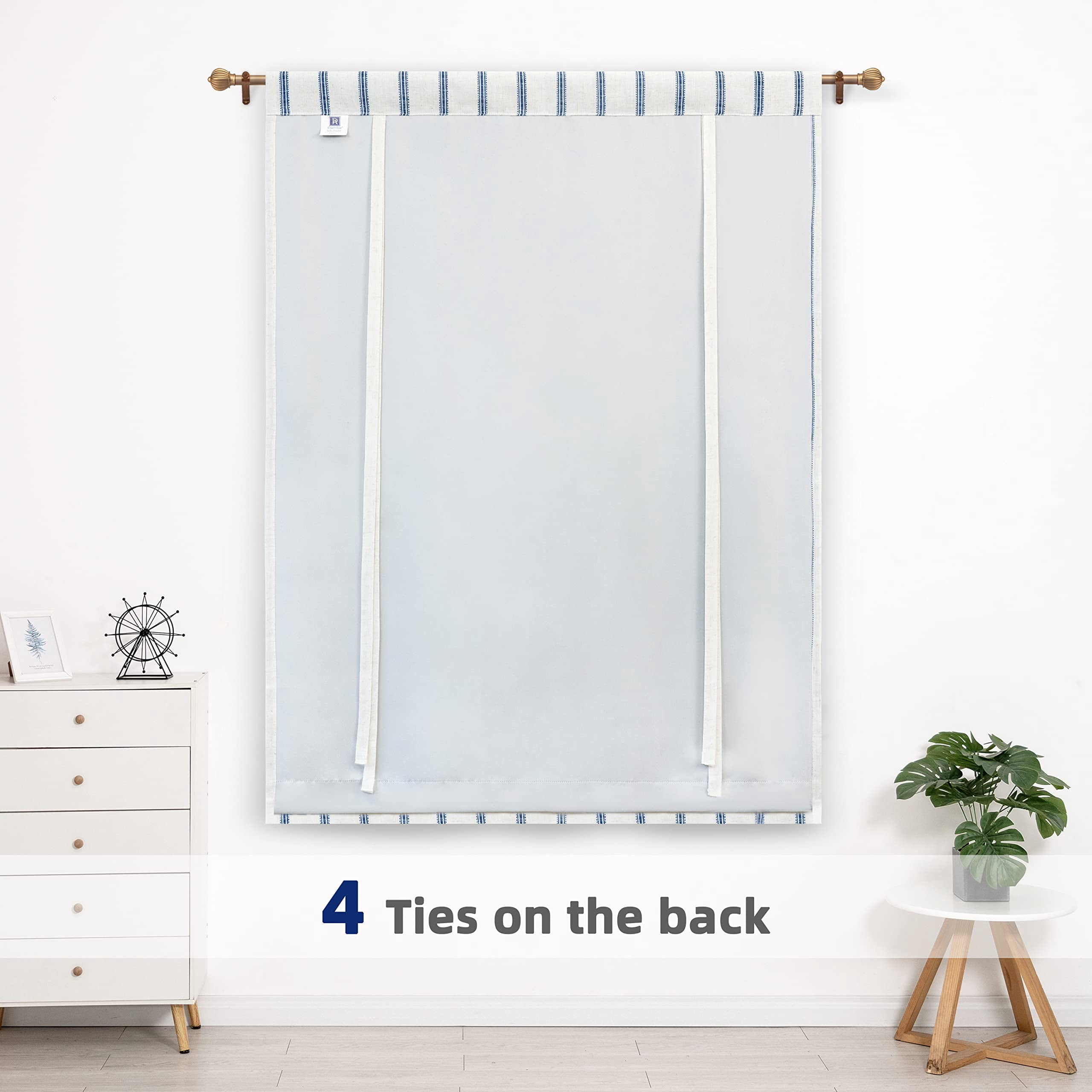 DriftAway Farmhouse Linen Blend Blackout Tie Up Curtain for Kitchen Vertical Striped Printed Tie Up Shade for Bedroom Adjustable Balloon Rod Pocket 63"L x 45"W Navy Blue