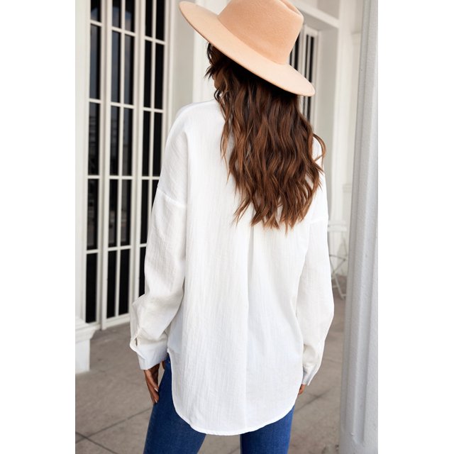 ABPHQTO Camisa de Mujer Blanca Manga Larga Abotonada con Bolsillo
