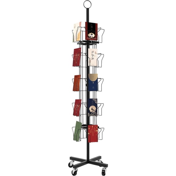 20 Pockets Rotating Greeting Card Rack, 4 Tier Metal Rotating Card Display Stand, Card Display Stand, Spinning Greeting Card Holder for Grocery Stores Retail Floor Showcase, Black