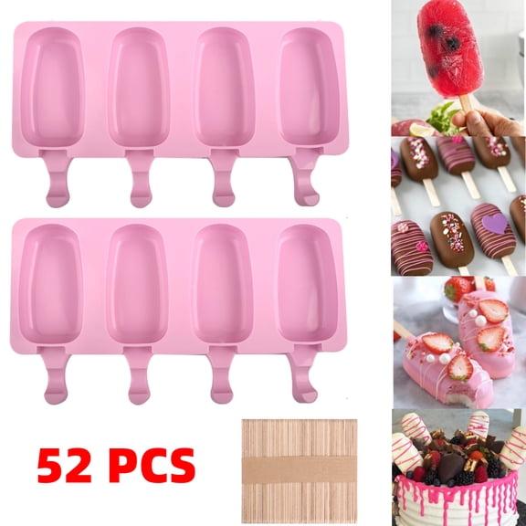 Popsicle Silicone Molds Set, 2 PCS Ice Cream Molds with 50 Wooden Sticks for Cake Pop, Ice Pop, Cakesicles (Standard Size/Pink)