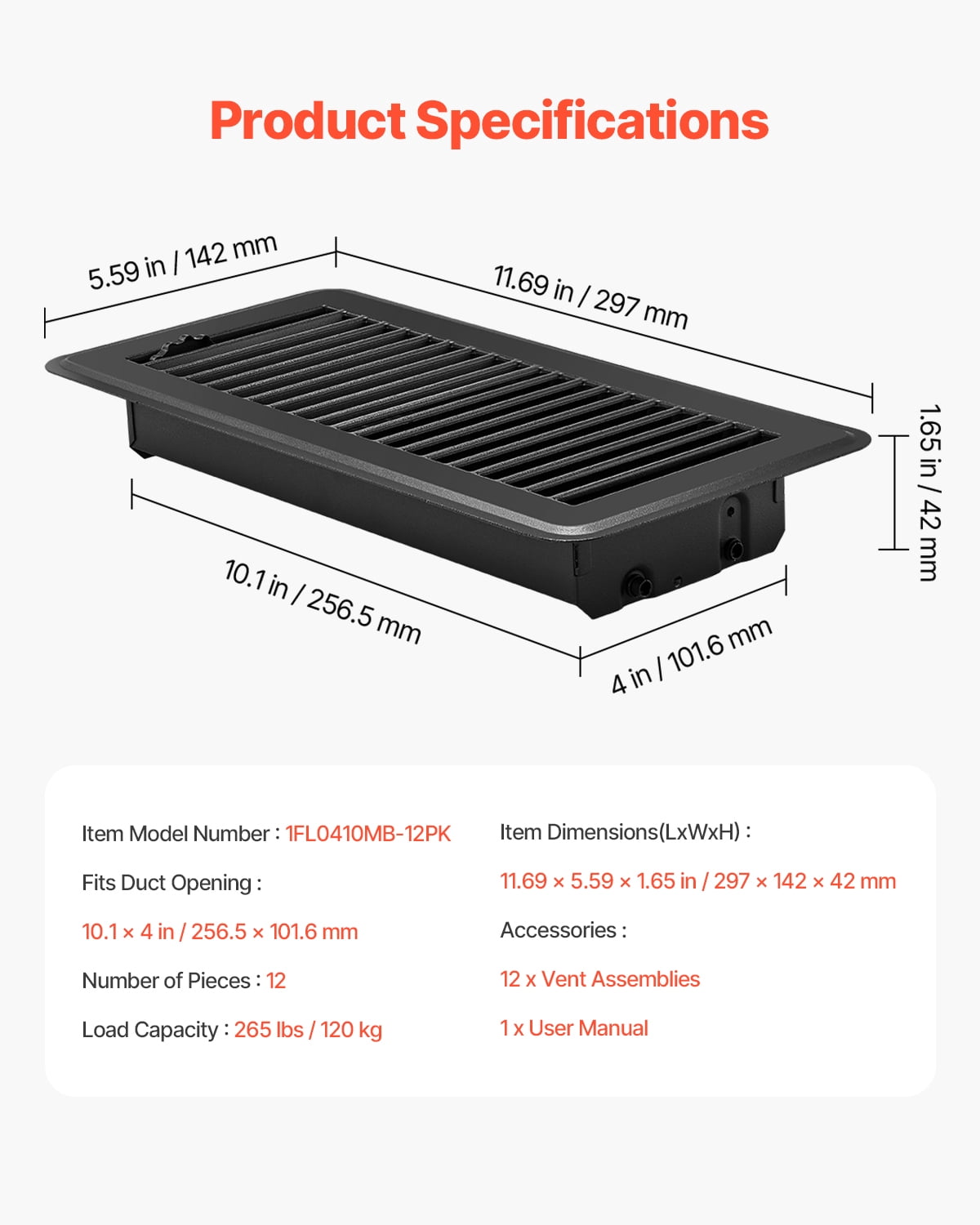 VEVOR 4 x 10 Inch Floor Registers, 12-Pack Vent Grilles, HAVC Heavy-Duty Walkable Iron Floor Vents, Easily Adjustable Rust-Proof Air Vents Deflector with Metal Damper, Ideal for Home & Office, Black