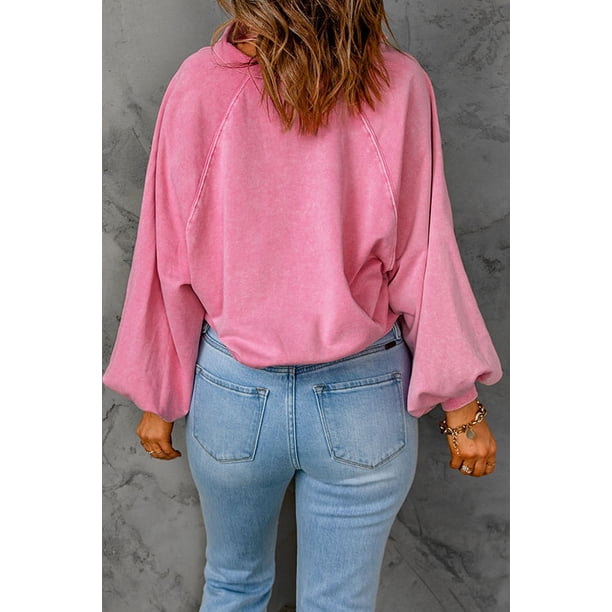 ABPHQTO Sudadera de mujer rosa con botones a presión lavados y manga farol