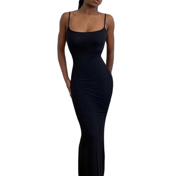 xiaxaixu Robe Longue Moulante Aguichant pour Femme, Cami, Été, Sans Manches, à Bretelles Spaghetti, Longues Robes, Décolleté, Robe de Soirée/Boîte de Nuit (Noir, Moyen)