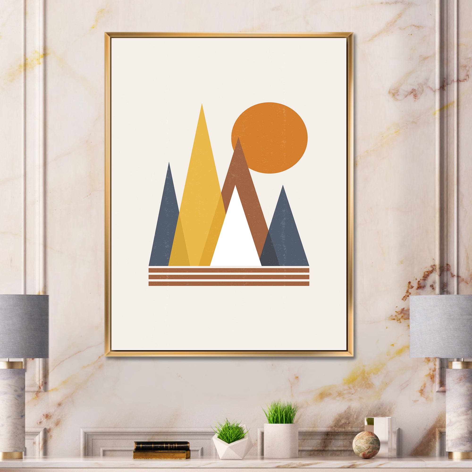 Designart 'Sun and Mountain Abstract' Modern Framed Canvas Wall Art Print