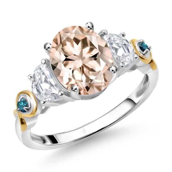 Gem Stone King 925 Silver and 10K Yellow Gold 3-Stone Ring Oval Peach Morganite and Moissanite (2.11 Cttw, Size 5)