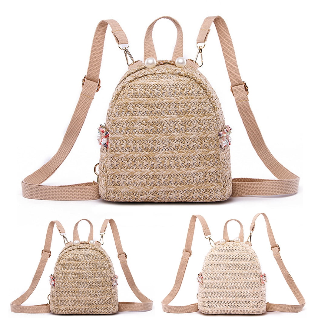 Nobrand Womens Straw Backpack Fashion Casual Faux Pearl Travel Backpack Small Backpack Other