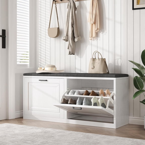 Vividwood 39.4" Shoe Storage Bench with Cushioned Seat and 2 Flip Drawers for Entryway (White)