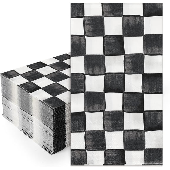 100Pcs Black White Plaid Guest Napkins Watercolor Checkered Disposable Dinner Hand Towel Paper Napkins for Bathroom Birthday Racing Party Decor Table Supplies