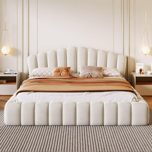 Queen Size Upholstered Platform Bed, Velvet Fabric Floor Bed with Shell Headboard, Grounded Bed Frame Queen with Wood Slats Support for Kids Teens Adults, No Box Spring Needed, Beige